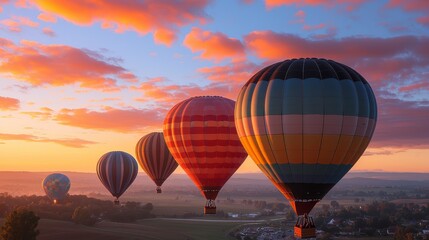 Obraz premium Colorful Hot Air Balloons Ascending at Sunrise Over Scenic Landscape with Vibrant Orange and Blue Sky Displaying a Majestic Morning Atmosphere