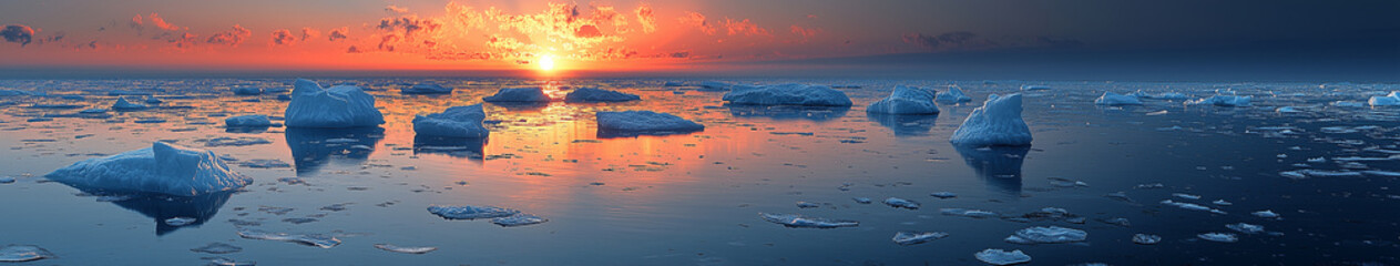 Obraz premium Calm frozen sea surface resembling a vast mirror reflecting the colorful sky, with large floating ice floes like massive sculptures drifting slowly in the serene ocean.