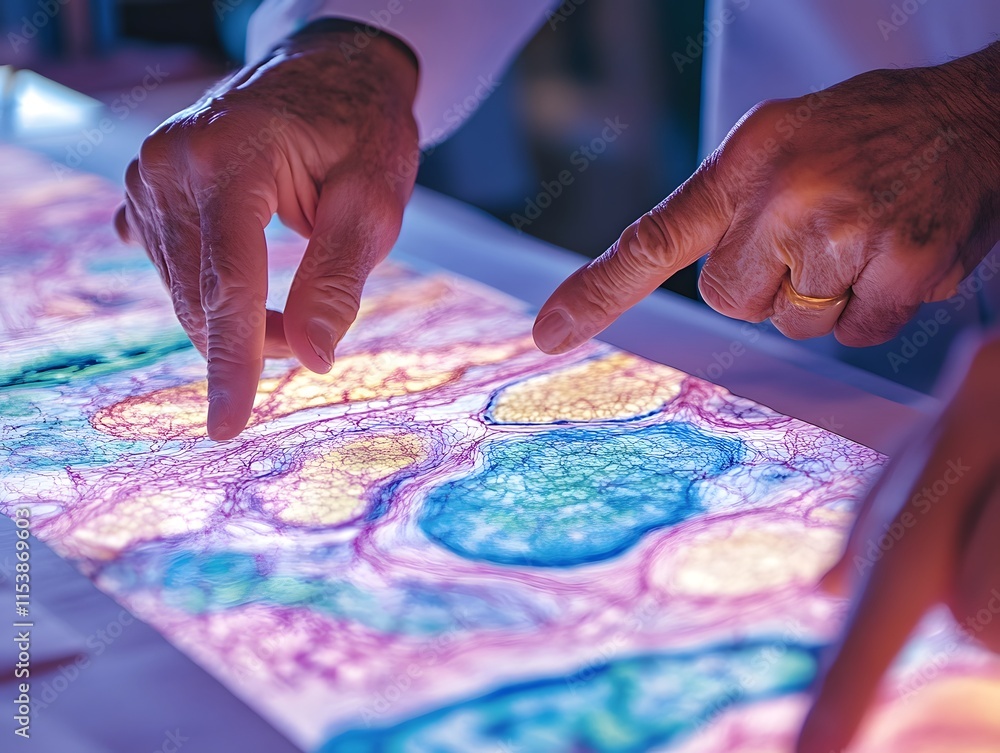 Poster close-up of hands analyzing colorful microscopic cell patterns on a lighted screen, showcasing scien