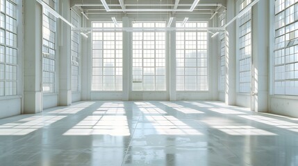 Bright light streams in from towering multi pane windows into a large empty space