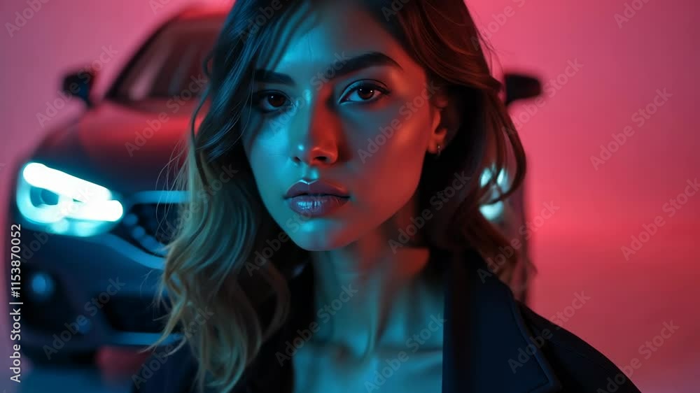 Poster portrait of a model in a neon-lit studio with a sleek car in the background