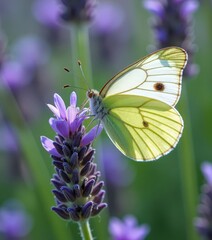 Pale Butterfly on Lavender Flowers.