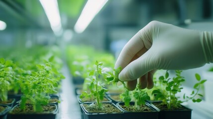 Close up of researcher studying plant growth in a biotechnology lab for environmental research