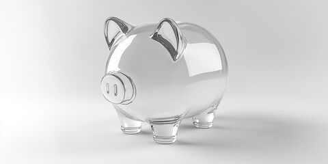 Transparent empty piggy bank with a glass body on a pure white background, illuminated with soft lighting, side view. Minimalist and modern financial savings concept in high detail.