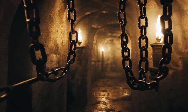 Dark Mysterious Dungeon Corridor with Chains and Candles