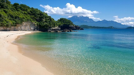 Fototapeta premium Secluded beach cove with clear turquoise water, white sand, and lush green hills under a blue sky.
