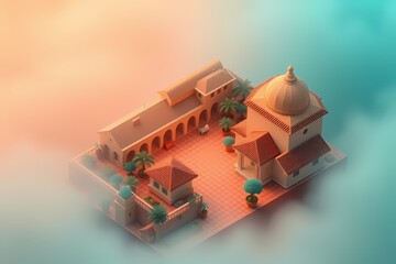 Obraz premium Mediterranean Monastery at Dawn: Isometric low-poly rendering of a serene Mediterranean monastery bathed in the soft light of dawn.