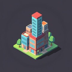 Isometric Cityscape: A Vibrant Low-Poly Building Complex