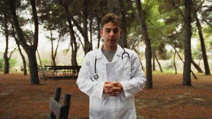 Sad Doctor Prepares for Bad News to Patient in Park Outside Hospital
