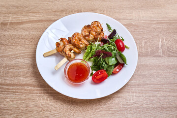 Grilled Shrimp Skewers with Salad and Sweet Chili Sauce