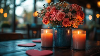 Romantic table setting with roses, candles, and heart-shaped coasters.