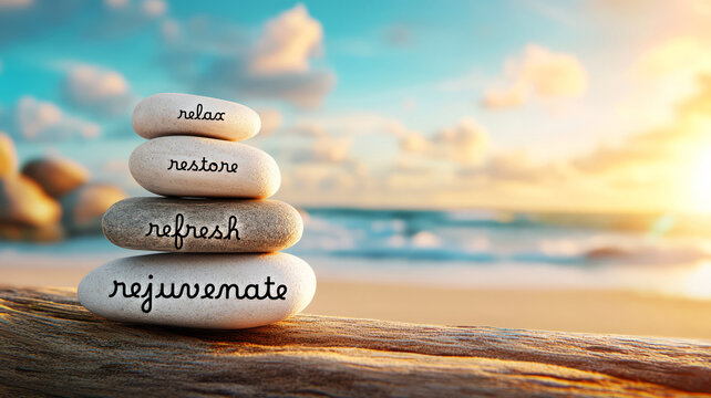 Stacked Stones with Inspirational Words on Beach at Sunset for Wellness and Relaxation Theme