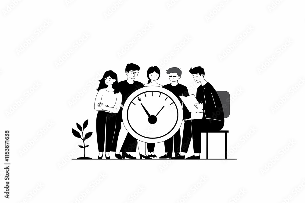 Poster team time management: a diverse group of professionals stand around a large clock, symbolizing their