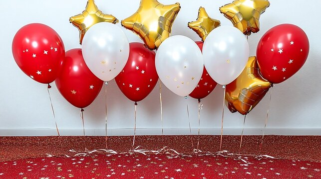 Elegant and Luxurious Scene with Gold Star Balloons Vibrant Red Carpet and Shimmering Confetti Decor  Festive and Glamorous Party Setting for Anniversary Holiday or Special Event