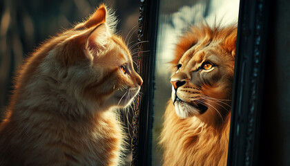 Fototapeta premium A cute kitten gazing at its reflection in the mirror, seeing an elegant lion, symbolizing transformation, ambition, and self-perception.