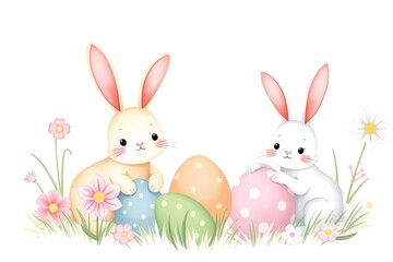 Obraz premium Easter Bunny Pair with Pastel Eggs 