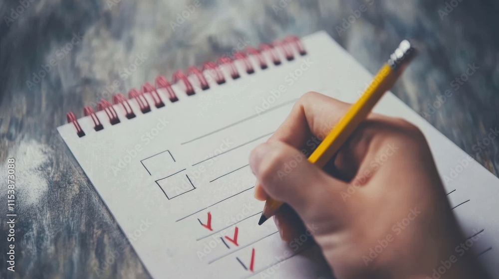 Poster hand with pencil writing check mark on checklist. cropped hand marking on check box on gray paper. c