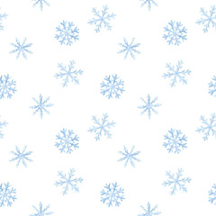 Watercolor seamless pattern of blue snowflakes on white. Hand-painted background for Christmas, New Year or winter design, cards, banners, textiles, covers, wrapping paper, packaging, fabric.