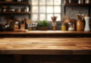 Wooden kitchen counter with a blurred background of the interior and cooking utensils.