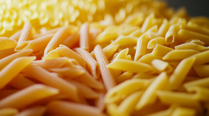 Variety of uncooked pasta arranged on a surface illuminated by warm light