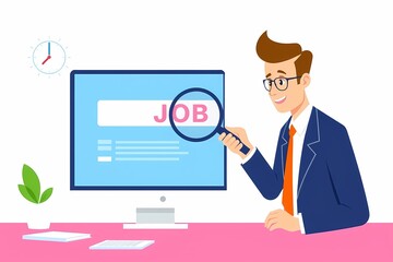 Job Search in Progress:  A cheerful businessman uses a magnifying glass to search for a job online.  The illustration is vibrant and friendly, perfect for websites, blogs.