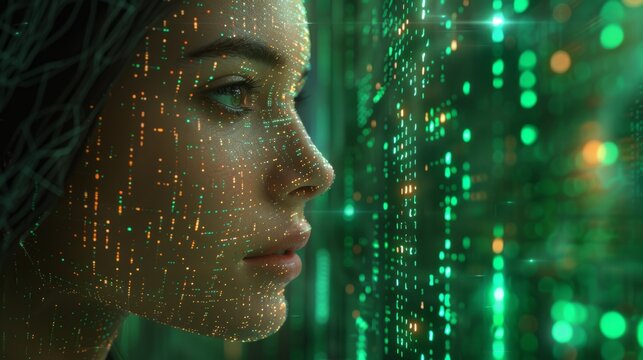 Woman's face overlaid with digital data, gazing at a glowing green screen.