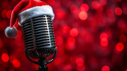 Vintage microphone with santa hat against festive red bokeh background