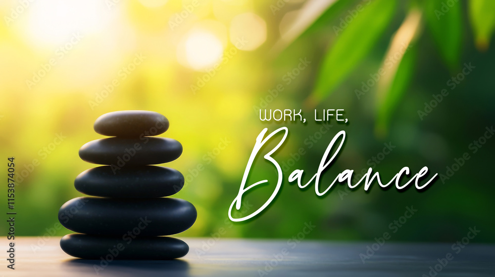 Poster stones stacked on table symbolizing work life balance with nature background and soft light