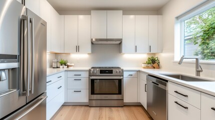 Fototapeta premium Modern Kitchen Interior Design with Stainless Steel Appliances, Bright Natural Light, Minimalist Style, and Contemporary Cabinetry Offering a Stylish Culinary Space