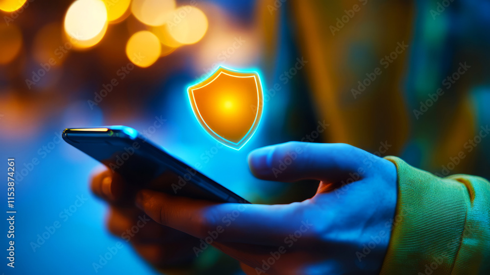 Poster mobile security concept with shield icon and bokeh background for cyber protection theme