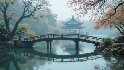 Fototapeta premium Serene Garden Pavilion and Bridge.