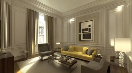 Sunlit living room with yellow sofa, grey armchairs, and modern art.