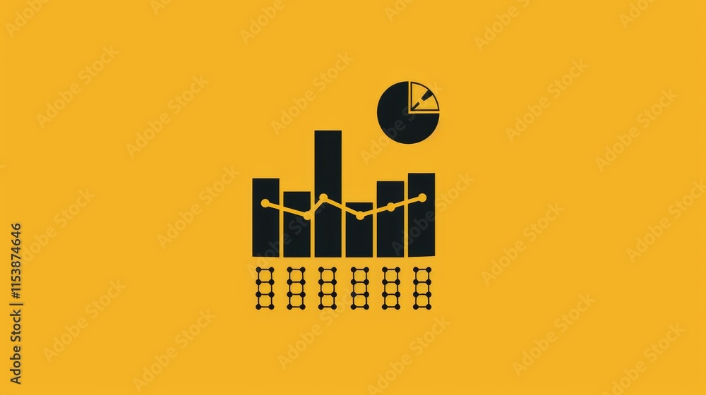 Aufkleber a graphic representation of data analysis with charts and bars on a yellow background.