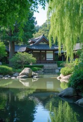 Fototapeta premium Serene Pond and Traditional Asian Pavilion.