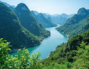 Obraz premium Serene River Valley, Lush Mountainscape.