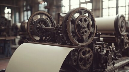 Vintage Printing Machine with a Large Roll of Paper
