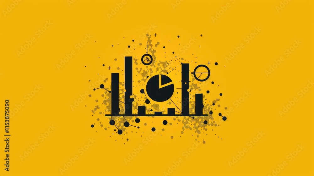 Aufkleber a graphic representation of data analysis featuring bar charts and pie charts on a yellow background