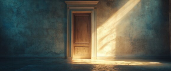 A wooden door illuminated by soft light in a textured, serene environment.