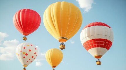 Fototapeta premium Colorful hot air balloons with red, yellow, and white patterns floating in blue sky during sunny day, perfect for travel, adventure, festival, or outdoor event background with clouds and bright atmos