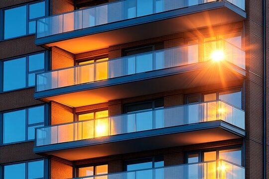 Fachadas de edificios madrile&ntilde;os iluminadas al atardecer con destellos dorados en los balcones