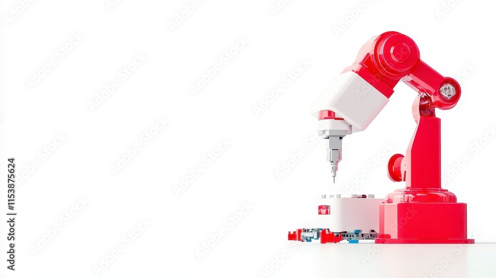 Poster a sleek red robotic arm poised to perform tasks, showcasing modern automation technology against a c