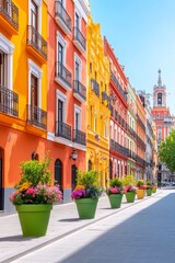 Fachadas coloridas de edificios históricos en una calle de Madrid con macetas llenas de flores