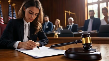 lawyer court signature. A focused female lawyer writes notes in a courtroom while a judge and audience observe, showcasing a serious legal atmosphere.