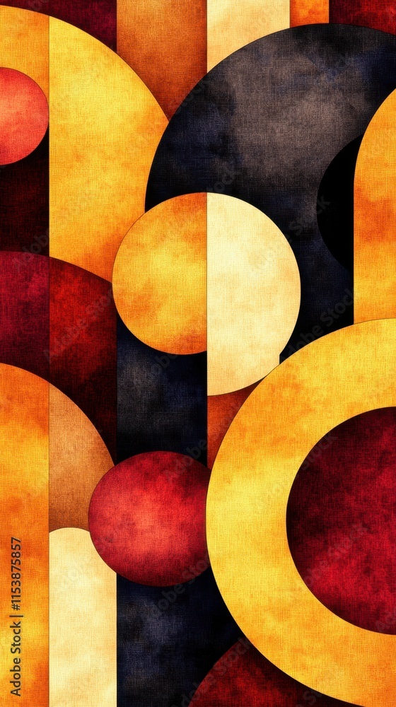 Aufkleber abstract geometric artwork with vibrant circular and angular shapes in red, yellow, and black tones.