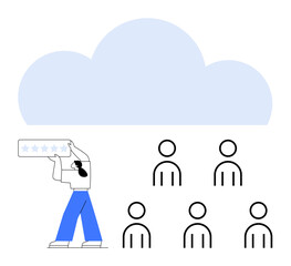 Person holding a five-star rating beneath a cloud with six human icons. Ideal for teamwork, collaboration, evaluation, feedback systems, cloud technology, digital communication, modern workplace