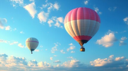 Fototapeta premium Two colorful hot air balloons pink and white flying in blue sky with fluffy clouds scenic adventure travel background perfect for vacation postcard summer festival