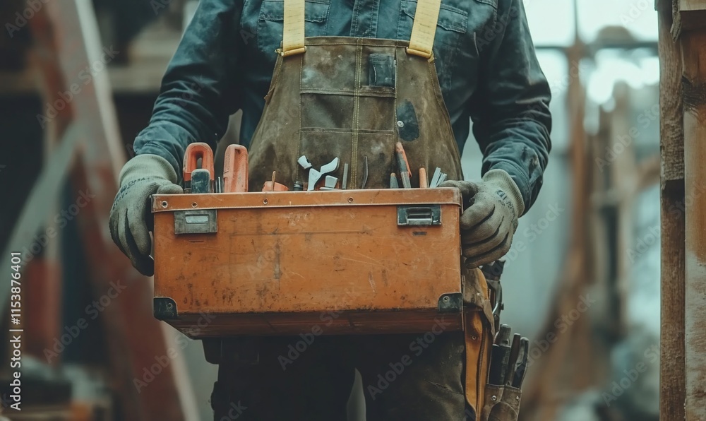 Poster a worker holds a toolbox filled with various tools, ready for a task.