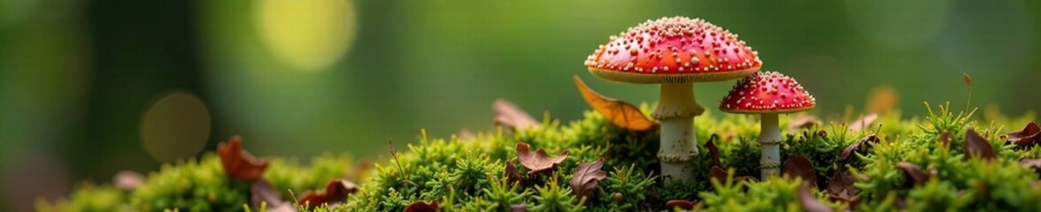 Fly agaric parts scattered on moss and leaves, mushroom, mycelium, fungus