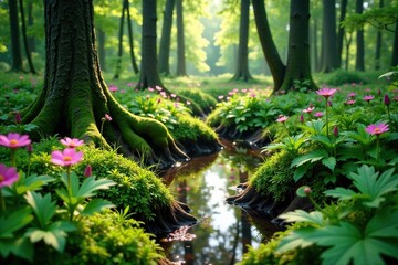 Obraz premium Forest floor covered with ferns and wildflowers around a small pond, forest floor, nature