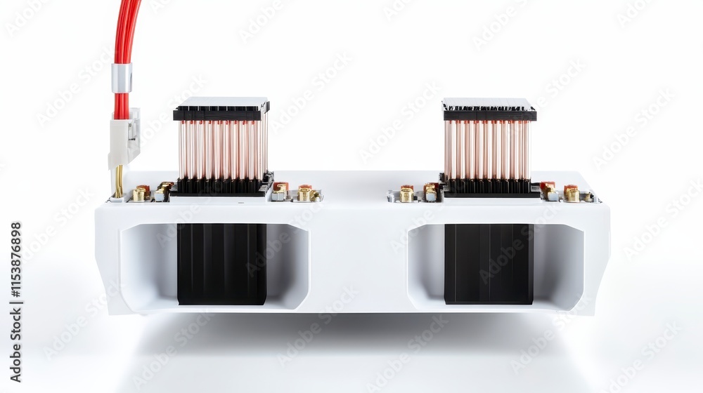 Poster a compact electronic component featuring two heat sinks, designed for efficient thermal management a